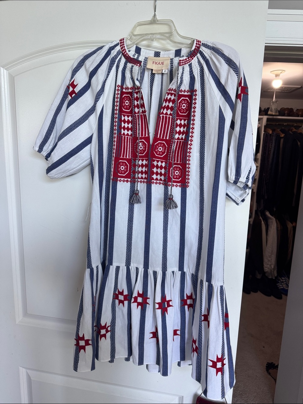 Women’s ' Navy & White Stripe Dress with Red Embroidery